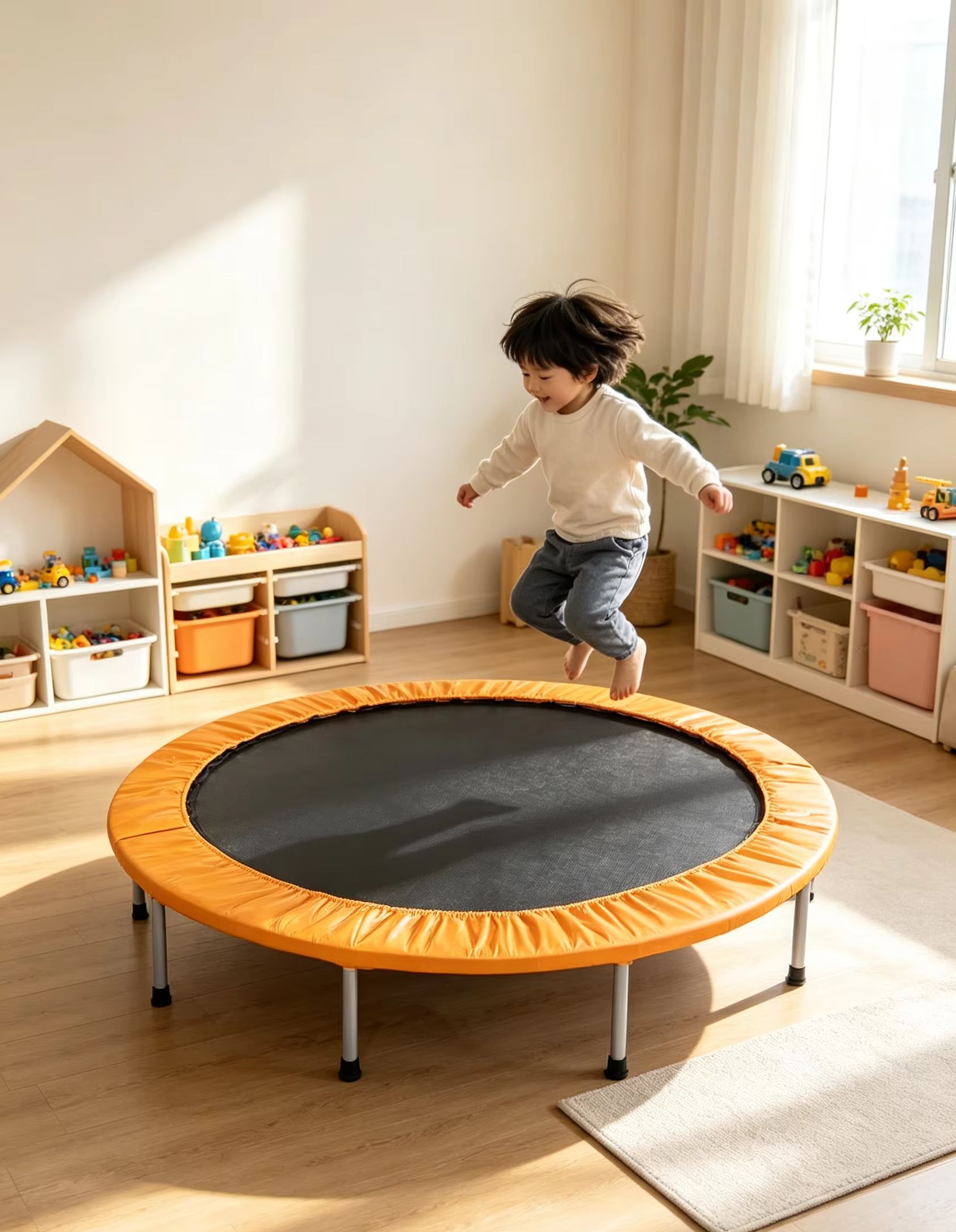 Kids Indoor Outdoor Trampoline - 오렌지색 안전 패딩과 금속 지지대가 있는